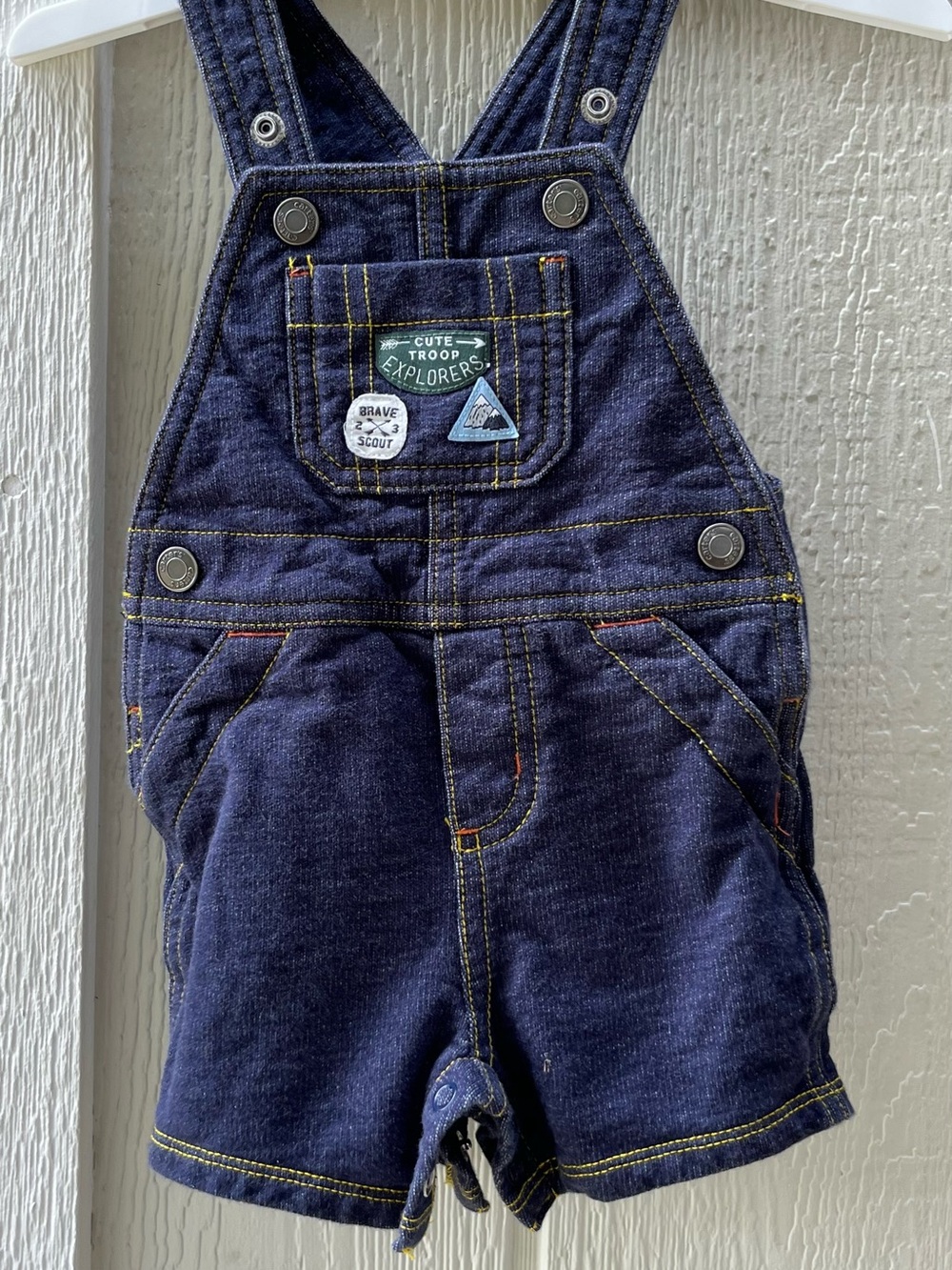 Carter's Navy Denim Short Overalls with Explorer Patches